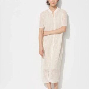 Uniqulo Lace Open Knit Collared Shirt Midi Dress Off White Cream Small Feminine